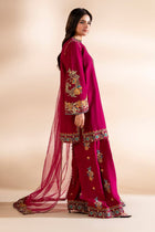 Charizma 3-Piece Luxury Silk Suit – Magenta Pink Heavy Embroidered Silk Shirt, Trouser & Organza Dupatta