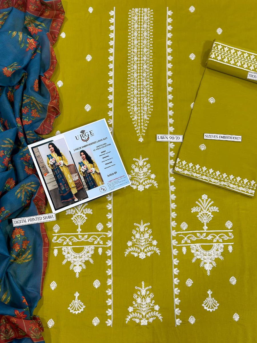 URGE Pure Lawn 3-Piece Olive Green Embroidered Suit with Contrasting Printed Dupatta