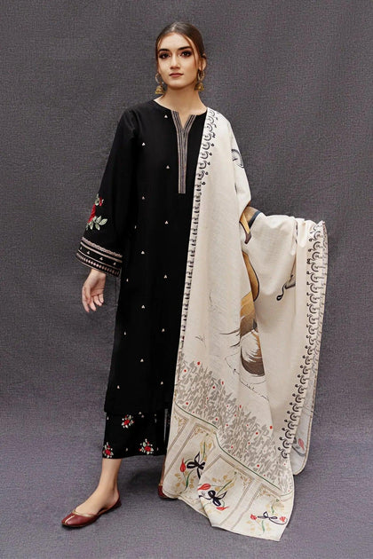 URGE Pure Lawn 3-Piece Black Embroidered Suit with Digital Printed Dupatta
