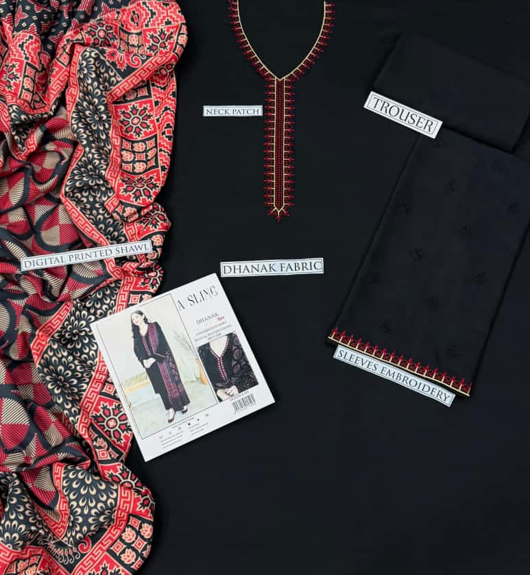 URGE Summer Collection - Black 3-Piece Pure Lawn Embroidered Suit with Printed Dupatta