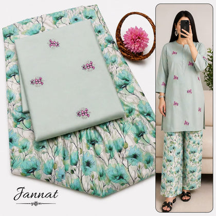 Jannat Brand Lawn 2-Piece Mint Green Embroidered Shirt with Teal Floral Digital Printed Trouser Collection