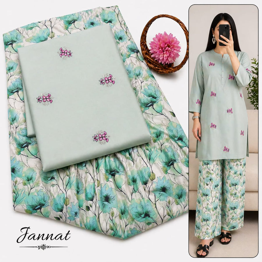 Jannat Brand Lawn 2-Piece Mint Green Embroidered Shirt with Teal Floral Digital Printed Trouser Collection