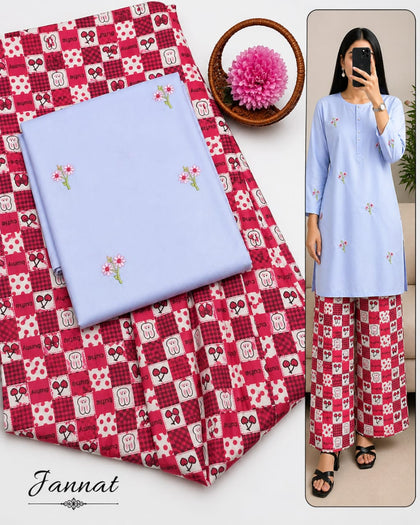Jannat Brand Lawn 2-Piece Light Blue Embroidered Shirt with Checkered Cherry and Bunny Digital Printed Trouser Collection