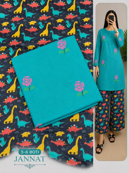 Jannat Brand Lawn 2-Piece Turquoise Embroidered Shirt with Dinosaur Digital Printed Trouser Collection