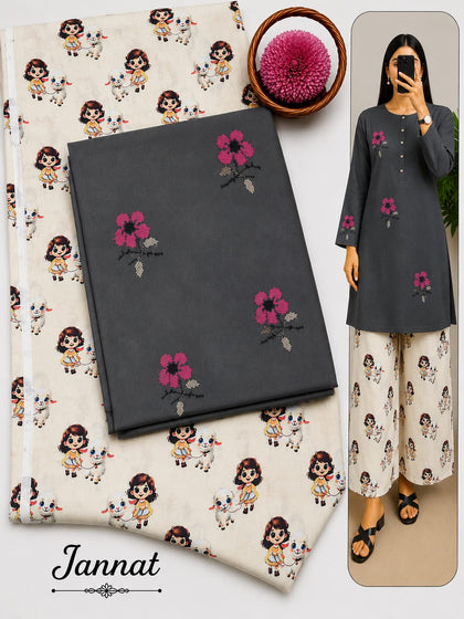 Jannat Brand Lawn 2-Piece Charcoal Grey Embroidered Shirt with Playful Character Digital Printed Trouser Collection