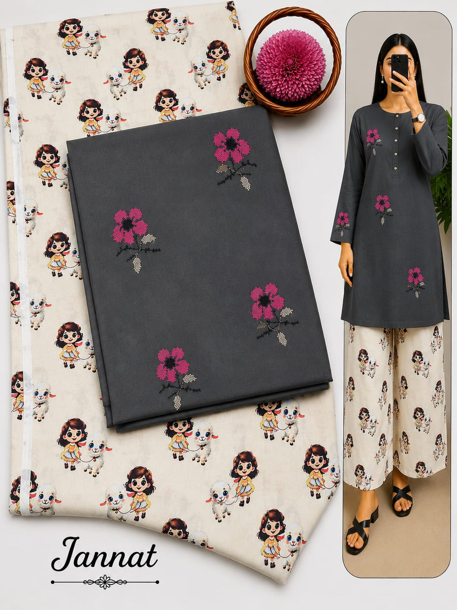 Jannat Brand Lawn 2-Piece Charcoal Grey Embroidered Shirt with Playful Character Digital Printed Trouser Collection