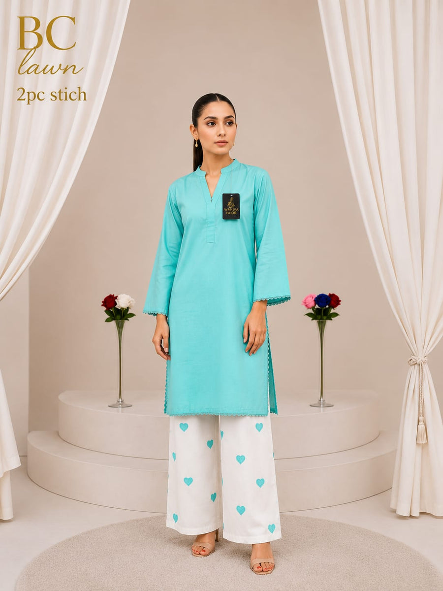 Waniya Noor Stitched Lawn 2PC Suit Solid Jet Black Shirt Lace Embellished White Heart Embroidered Flapper Trouser Ready to Wear
