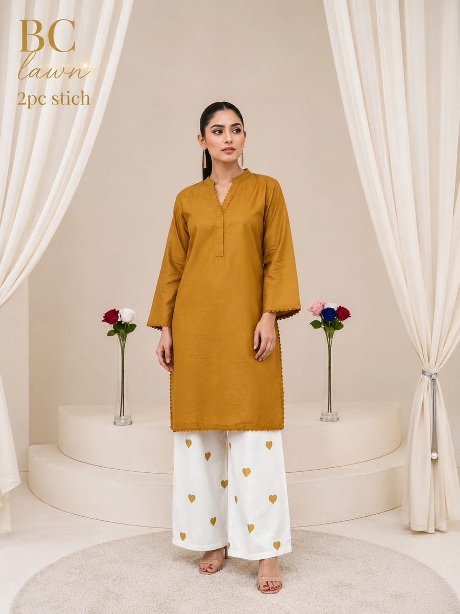 Waniya Noor Stitched Lawn 2PC Suit Solid Jet Black Shirt Lace Embellished White Heart Embroidered Flapper Trouser Ready to Wear