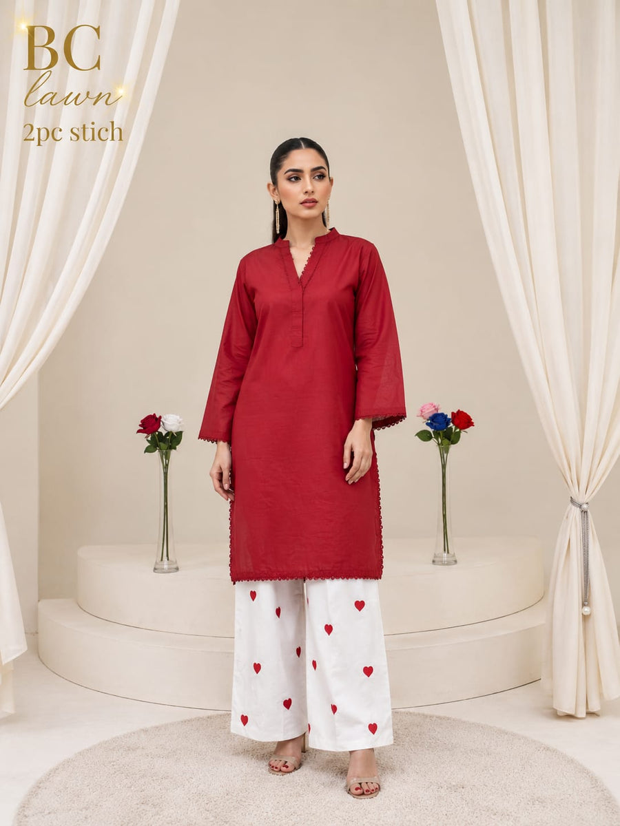 Waniya Noor Stitched Lawn 2PC Suit Solid Jet Black Shirt Lace Embellished White Heart Embroidered Flapper Trouser Ready to Wear