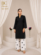 Waniya Noor Stitched Lawn 2PC Suit Solid Jet Black Shirt Lace Embellished White Heart Embroidered Flapper Trouser Ready to Wear