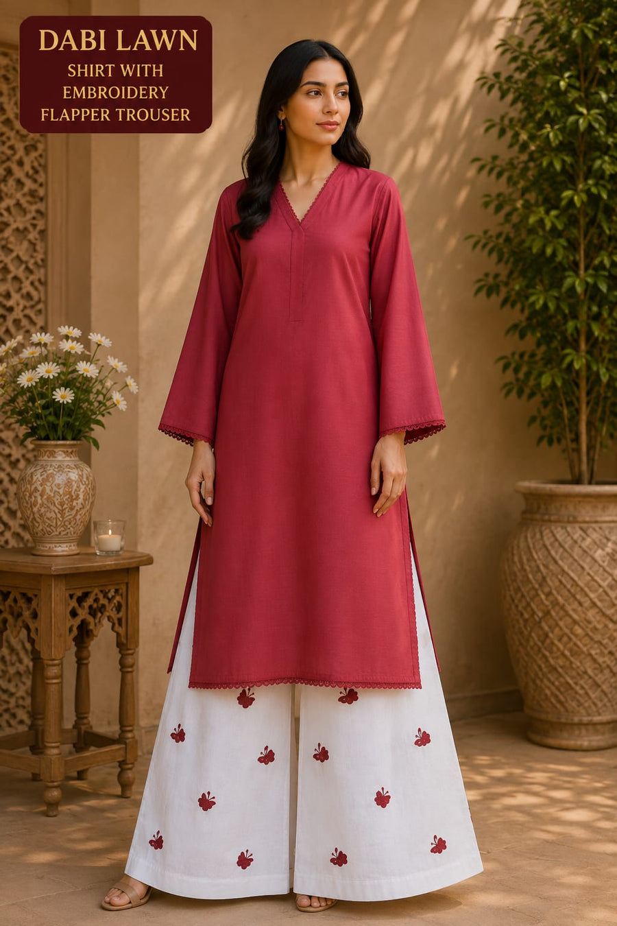 Waniya Noor 2-Piece Stitched Lawn Suit – Black Solid Kurti with Lace Trims & Heart Embroidered White Flapper