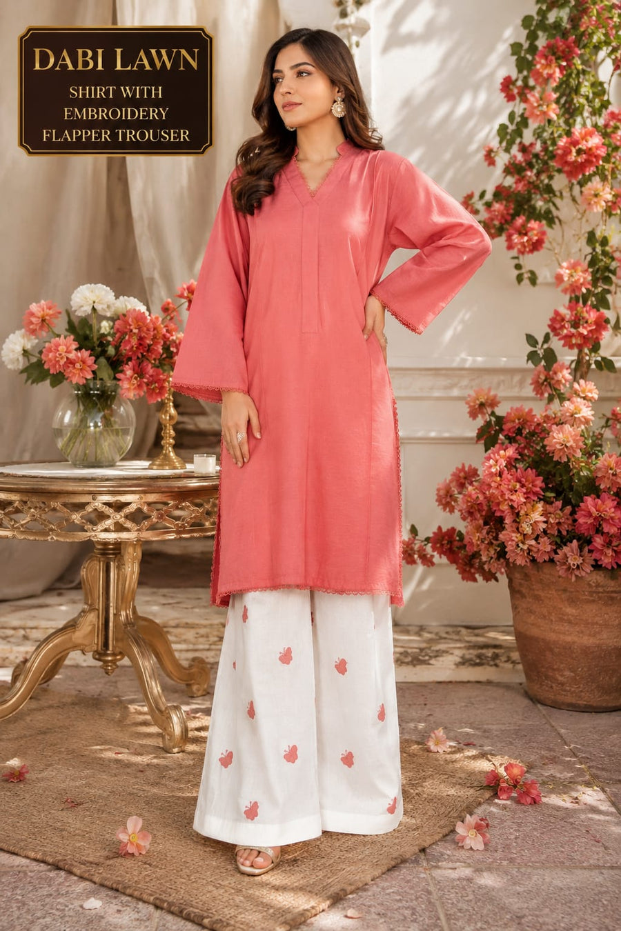 Waniya Noor 2-Piece Stitched Lawn Suit – Black Solid Kurti with Lace Trims & Heart Embroidered White Flapper