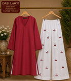 Waniya Noor Stitched Lawn 2PC Suit Solid Maroon Red Shirt Lace Embellished White Embroidered Flapper Trouser Ready to Wear