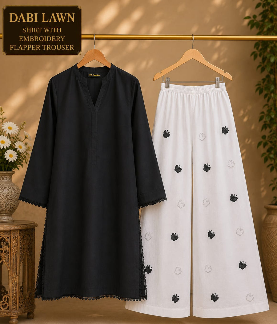 Waniya Noor 2-Piece Stitched Lawn Suit – Black Solid Kurti with Lace Trims & Heart Embroidered White Flapper
