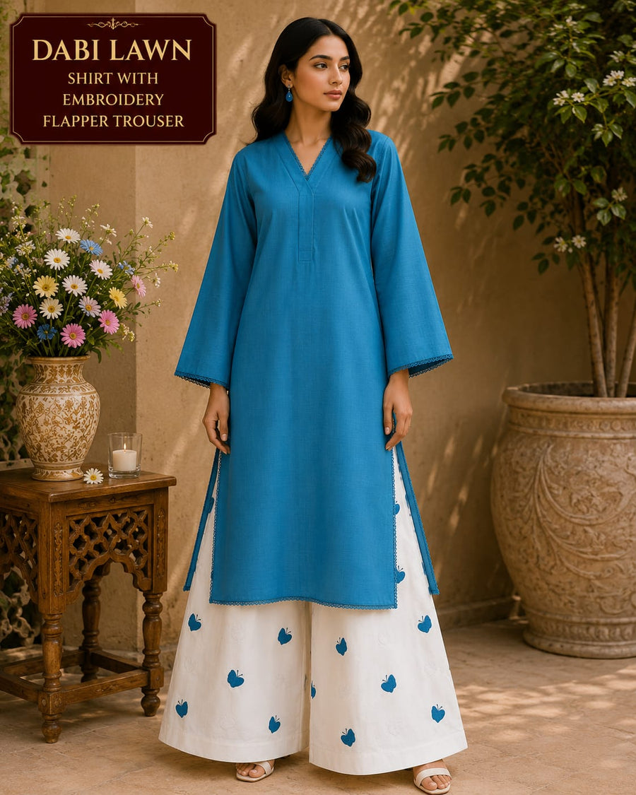 Waniya Noor 2-Piece Stitched Lawn Suit – Black Solid Kurti with Lace Trims & Heart Embroidered White Flapper