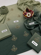 New Arrival 2K26 Shamoze Silk Digital Tie & Dye 3-Piece Olive Green Suit with Pearls, Beads Handwork & Adda Work Sleeves