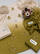 New Arrival 2K26 Shamoze Silk Digital Tie & Dye 3-Piece Olive Green Suit with Pearls, Beads Handwork & Adda Work Sleeves