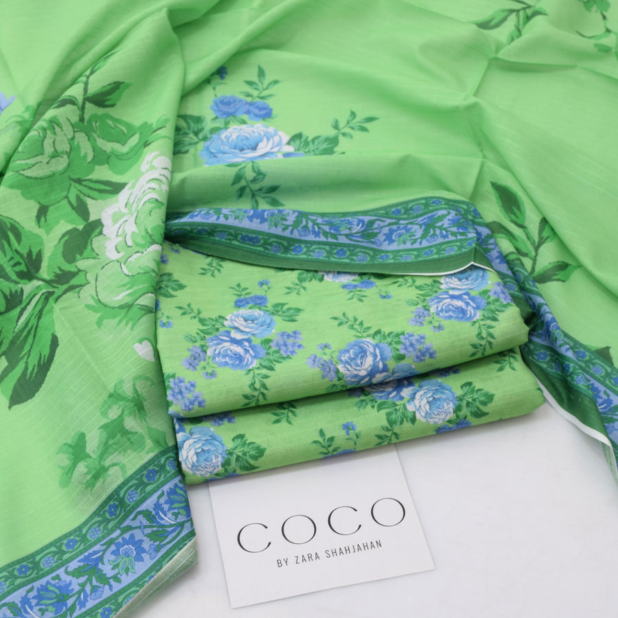 COCO by Zara Shahjahan Summer 2026 | Digital Printed Mint Green & Blue Lawn 3-Piece Suit