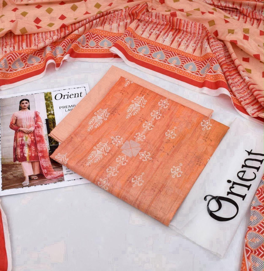 2026 Orient + Firdous Lawn Collection | Printed Orange & White 3-Piece Suit