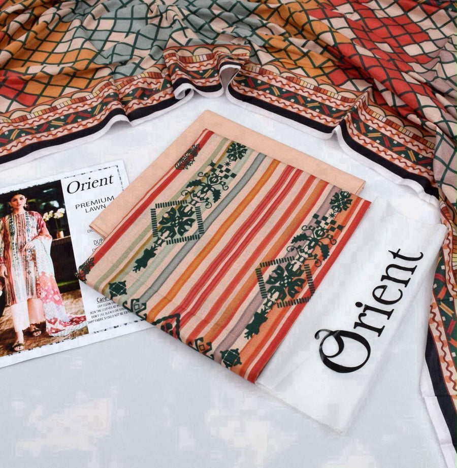 2026 Orient + Firdous Lawn Collection | Printed Multi-Color Striped & Geometric 3-Piece Suit
