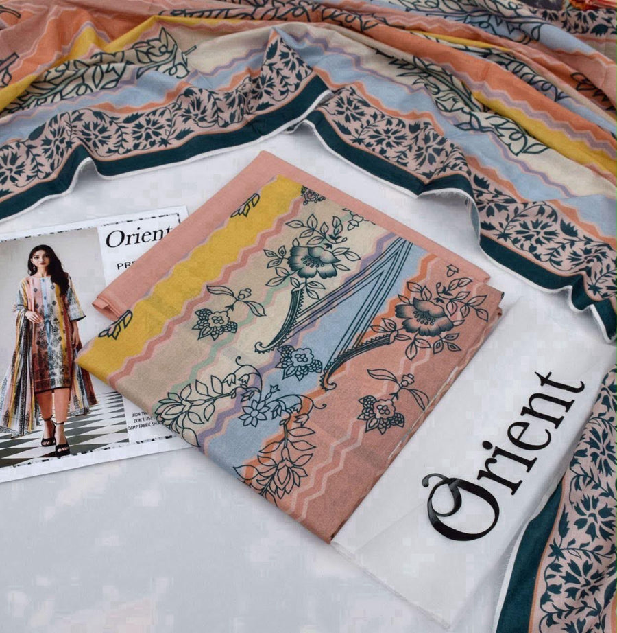 2026 Orient + Firdous Lawn Collection | Printed Peach, Blue & Yellow 3-Piece Suit