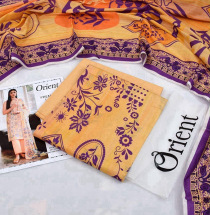 2026 Orient + Firdous Lawn Collection | Printed Mustard & Purple 3-Piece Suit