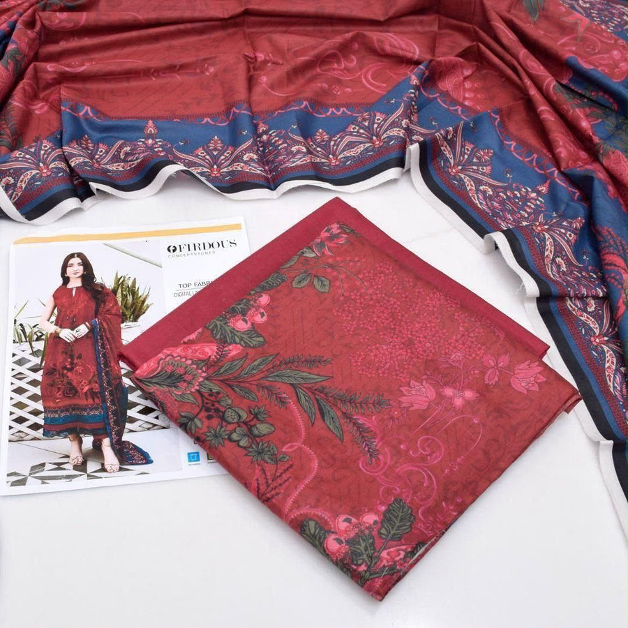 2026 Orient + Firdous Lawn Collection | Printed Maroon & Blue 3-Piece Suit
