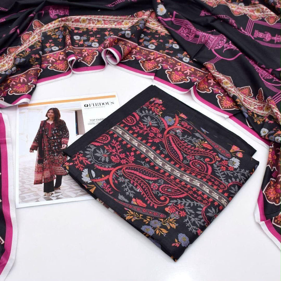 2026 Orient + Firdous Lawn Collection | Printed Black & Pink 3-Piece Suit