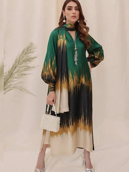 Lulusar Digital Printed 3-Piece Shamooz Silk Suit with Silk Dupatta