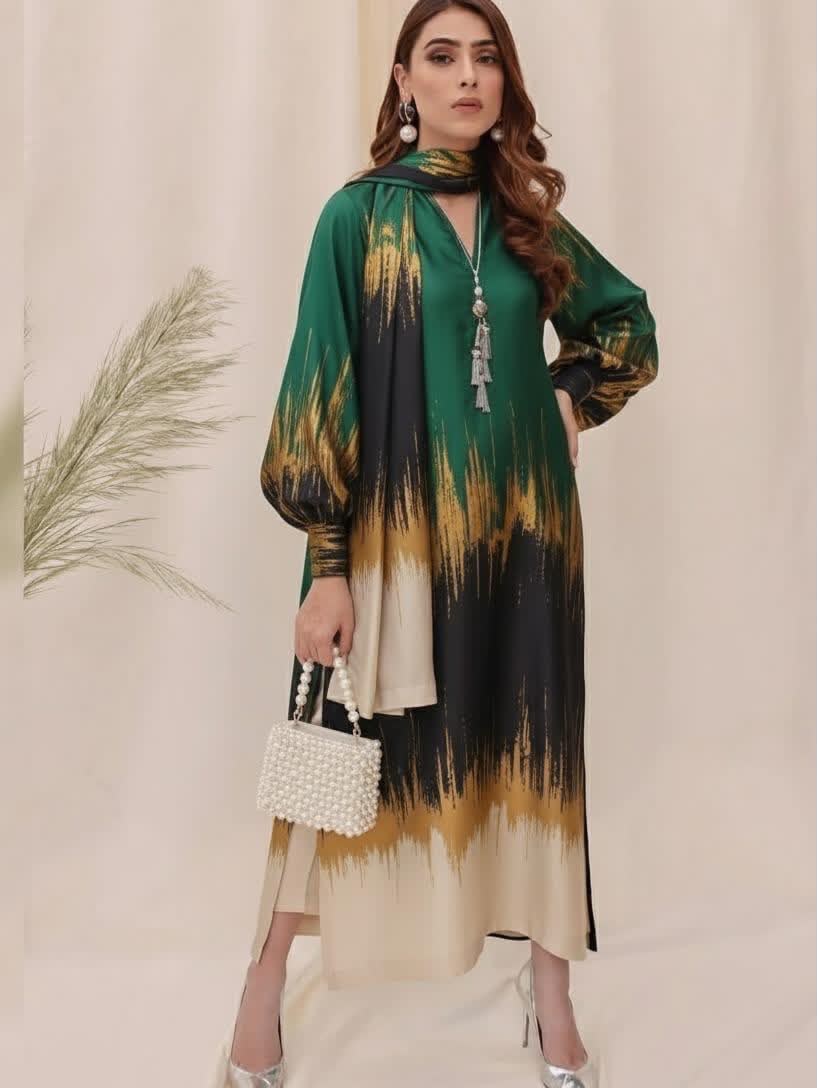 Lulusar Digital Printed 3-Piece Shamooz Silk Suit with Silk Dupatta