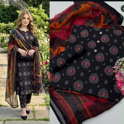 Lulusar Digital Printed Shamooz Silk Collection | Black & Traditional Motif 3-Piece Suit