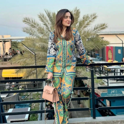 Lulusar Digital Printed Shamooz Silk Collection | Mustard, Blue & Black 3-Piece Suit