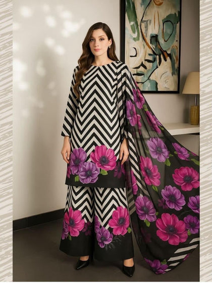 Lulusar Digital Printed Shamooz Silk Collection | Black, White & Purple Floral 3-Piece Suit