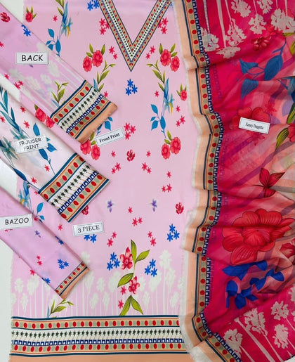 Lulusar Digital Printed Shamooz Silk Collection | Light Pink & Floral 3-Piece Suit