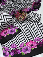 Lulusar Digital Printed Shamooz Silk Collection | Black, White & Purple Floral 3-Piece Suit