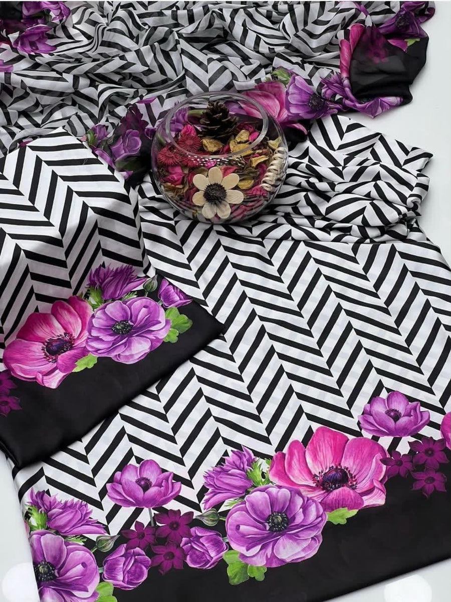 Lulusar Digital Printed Shamooz Silk Collection | Black, White & Purple Floral 3-Piece Suit
