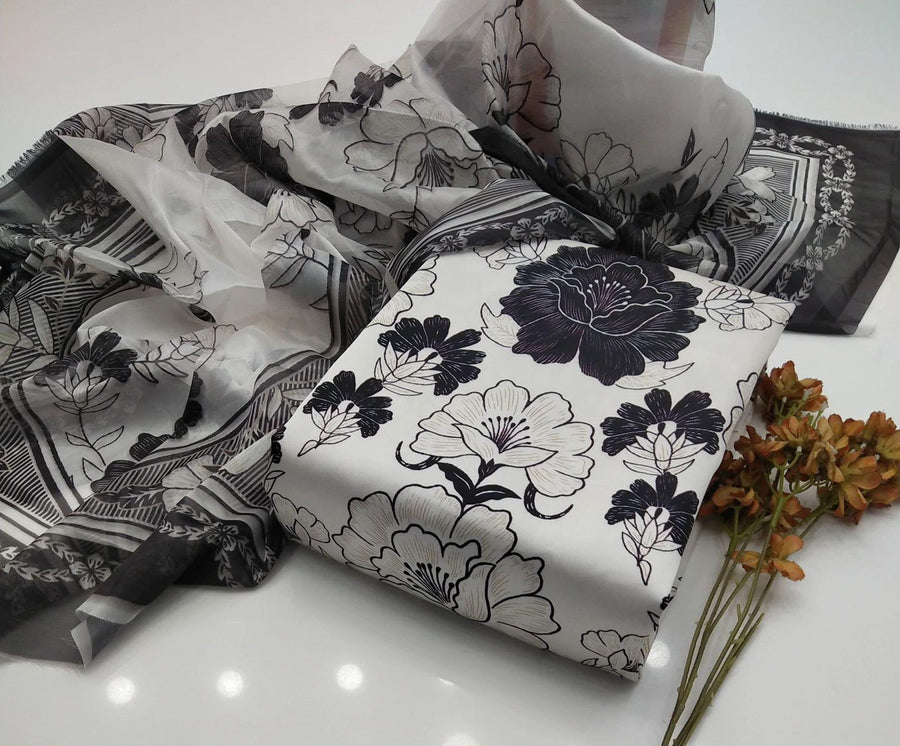 Lulusar Digital Printed Shamooz Silk Collection | White & Black Floral 3-Piece Suit