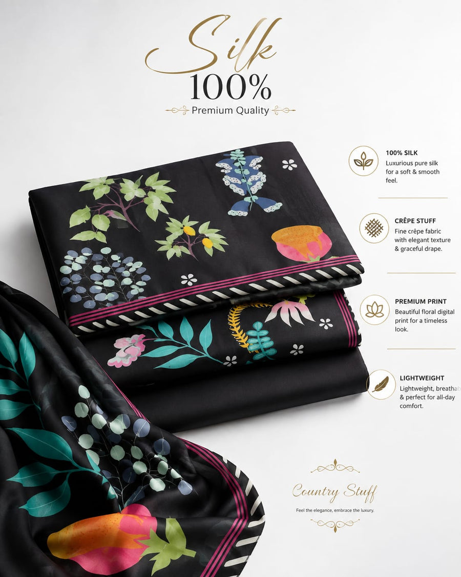 Lulusar Digital Printed Shamooz Silk Collection | Black & Floral 3-Piece Suit