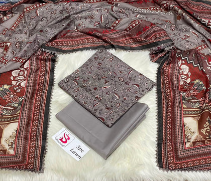 Bin Saeed Stock Clearance Sale: 3-Piece Daman Cut Work Embroidered Grey Lawn Suit