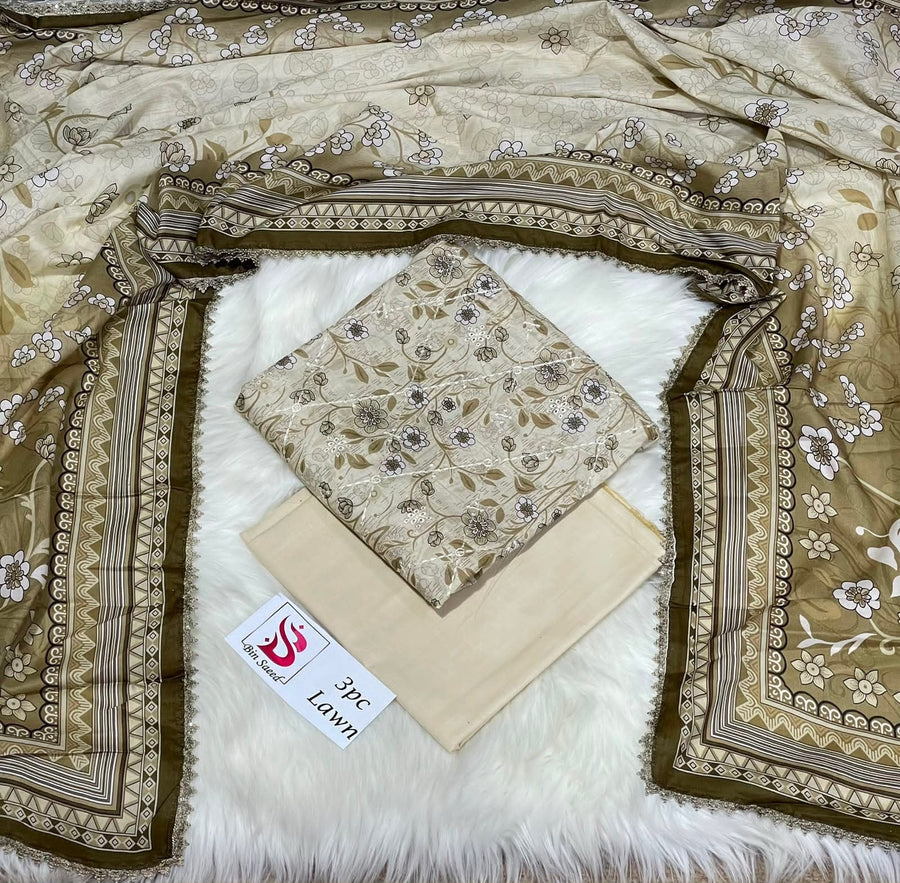 Bin Saeed Stock Clearance Sale: 3-Piece Daman Cut Work Embroidered Brown & Off-White Lawn Suit