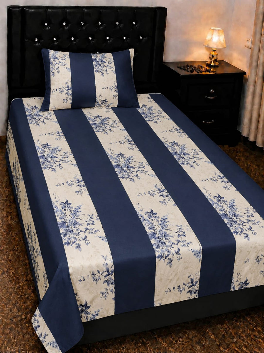 Export Quality Single Navy Blue Floral Patchwork Cotton Bedsheet with Pillow Cover (60 x 90 Inches)