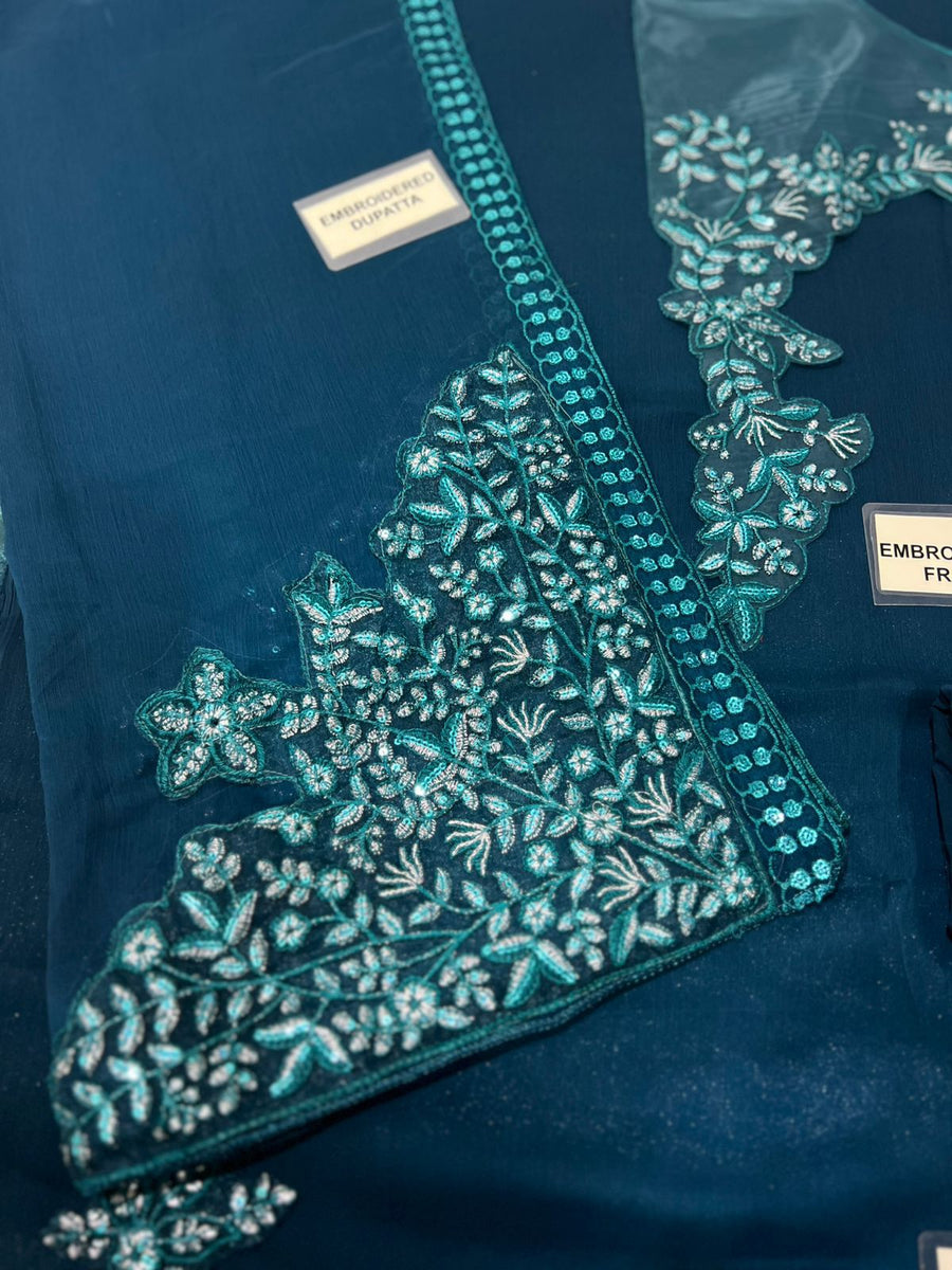 AZZEL Luxury Chiffon Long Shirt Suit with Heavy Embroidered Dupatta & Malai Trouser