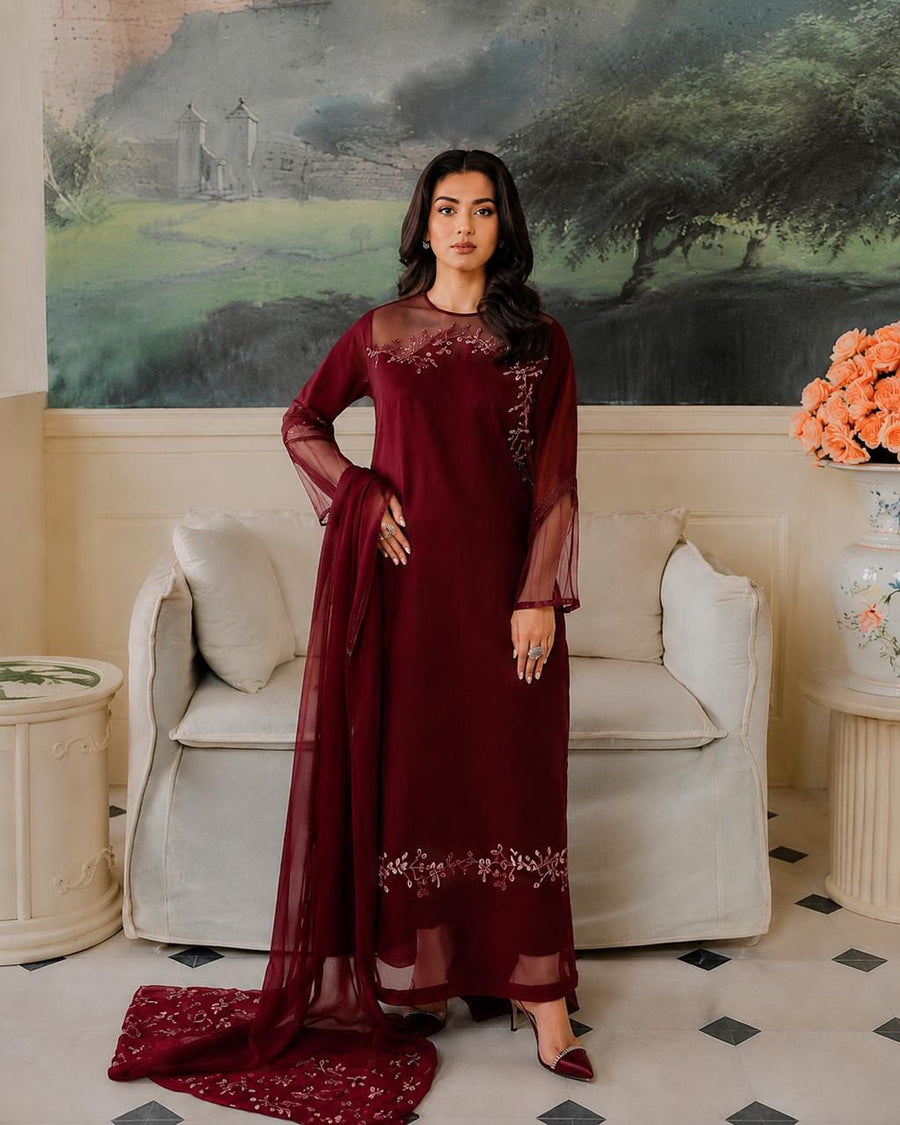 AZZEL Luxury Chiffon Long Shirt Suit with Heavy Embroidered Dupatta & Malai Trouser