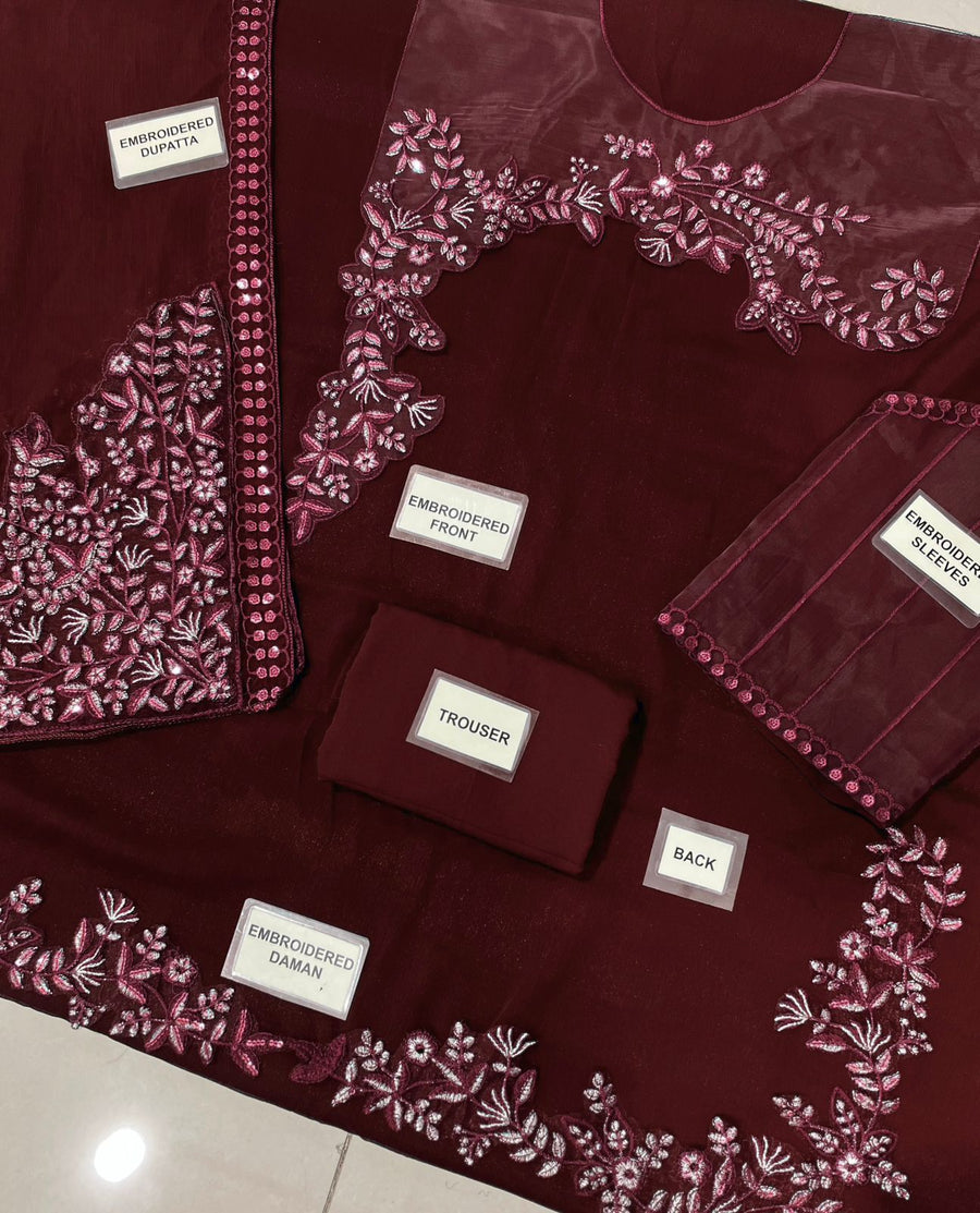 AZZEL Luxury Chiffon Long Shirt Suit with Heavy Embroidered Dupatta & Malai Trouser