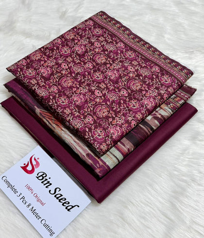 Bin Saeed Summer Collection 2026 - Elegant Burgundy Printed 3PC Lawn Suit