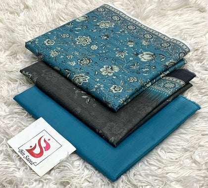 100% Original Bin Saeed Printed 3-Piece Lawn Suit with Voile Dupatta (Teal & Charcoal Floral Design)