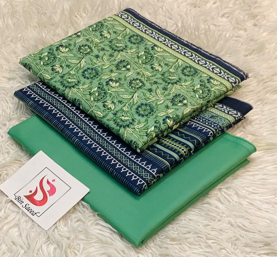 100% Original Bin Saeed Printed 3-Piece Lawn Suit with Voile Dupatta (Mint Green Ethnic Floral Design)