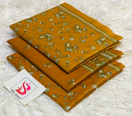 100% Original Bin Saeed Printed 3-Piece Lawn Suit with Voile Dupatta (Mustard & White Botanical Design)