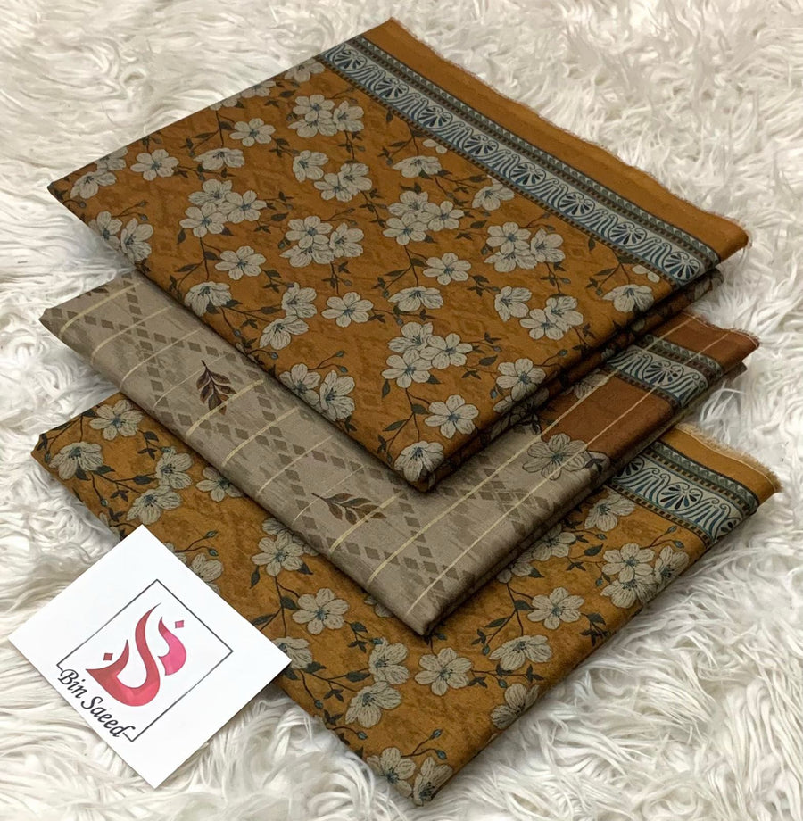 Bin Saeed Printed 3-Piece Lawn Suit with Voile Dupatta (Mustard & Grey Floral Design)