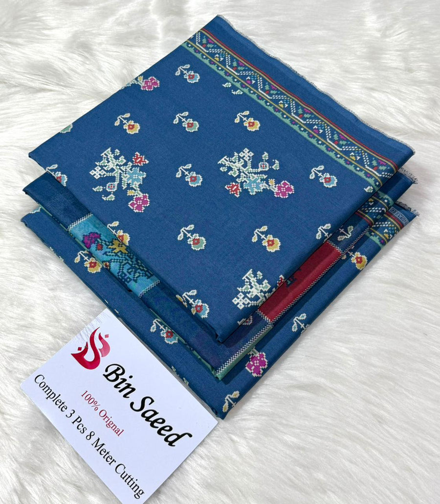 Bin Saeed Printed 3-Piece Lawn Suit with Voile Dupatta (Blue Floral Cross-Stitch Design)